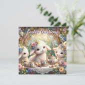 Pastel Bloemen Lamsthee Party Schattigee Kinder Pa Feestdagenkaart (Staand voorkant)