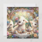 Pastel Bloemen Lamsthee Party Schattigee Kinder Pa Feestdagenkaart (Voorkant)