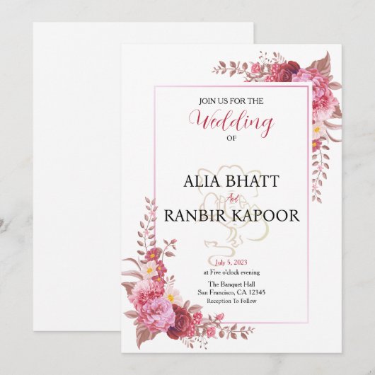 Pastel Bloemen Lijst Indiase bruiloft Kaart (Voorkant / Achterkant)