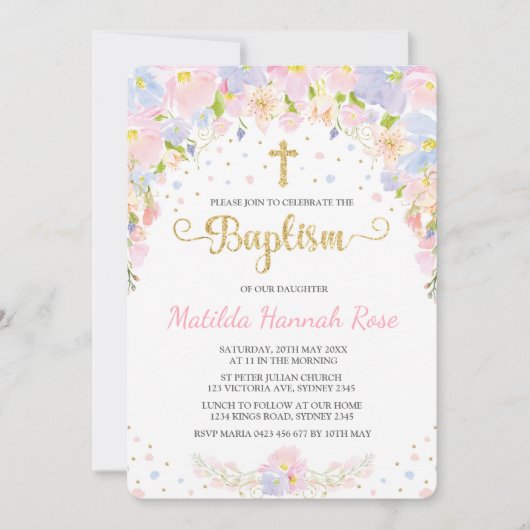 Pastel Bloemen Meisje Doopsel Uitnodiging (Voorkant)