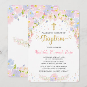 Pastel Bloemen Meisje Doopsel Uitnodiging