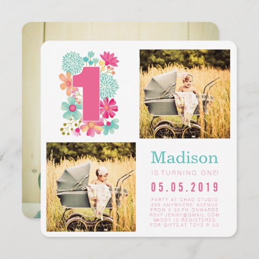 Pastel Bloemen Meisjes 1e Verjaardag Foto Kaarten (Voorkant / Achterkant)