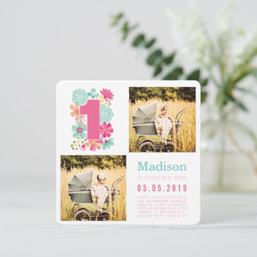 Pastel Bloemen Meisjes 1e Verjaardag Foto Kaarten (Staand voorkant)