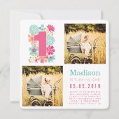 Pastel Bloemen Meisjes 1e Verjaardag Foto Kaarten (Voorkant)