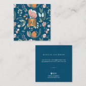 Pastel bloemen met metallic koper monogram blauw vierkante visitekaartje (Voorkant / Achterkant)