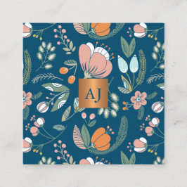 Pastel bloemen met metallic koper monogram blauw vierkante visitekaartje