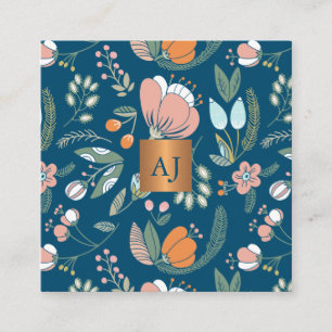 Pastel bloemen met metallic koper monogram blauw vierkante visitekaartje