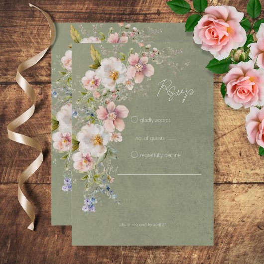 Pastel Bloemen Moderne Groene Bruiloft RSVP Kaartje