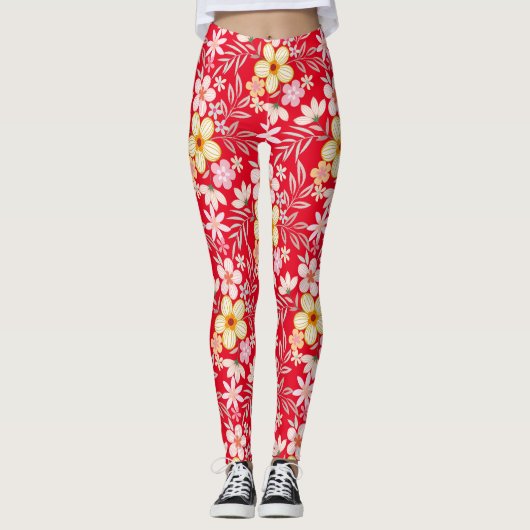 Pastel Bloemen patroon C03.bw Rood BG Leggings (Voorkant)