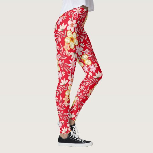 Pastel Bloemen patroon C03.bw Rood BG Leggings (Rechts)