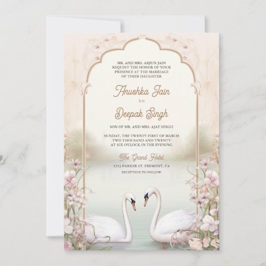 Pastel Bloemen Romantische Zwanen Indiase bruiloft Kaart (Voorkant)