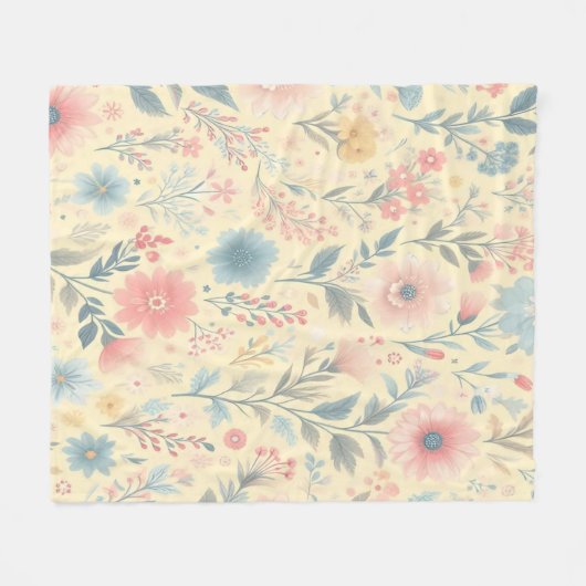 Pastel Bloemen Roze & Blauw op Lichtgeel Fleece Deken (Voorkant (Horizontaal))