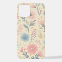 Pastel Bloemen Roze & Blauw op Lichtgeel