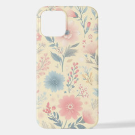 Pastel Bloemen Roze & Blauw op Lichtgeel iPhone 12 Hoesje