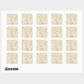 Pastel Bloemen Roze & Blauw op Lichtgeel Vierkante Sticker (Vel)