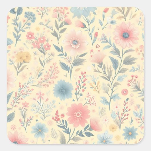 Pastel Bloemen Roze & Blauw op Lichtgeel Vierkante Sticker (Voorkant)