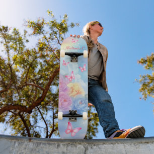 Pastel Bloemen & Roze Vlinders Regenboog Wolken Persoonlijk Skateboard