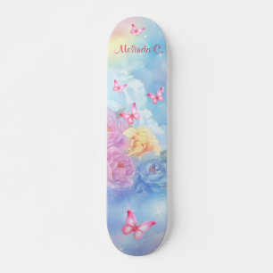Pastel Bloemen & Roze Vlinders Regenboog Wolken Persoonlijk Skateboard