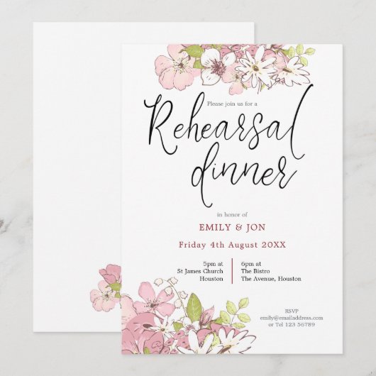 Pastel Bloemen Script bruiloft repetitie diner Kaart (Voorkant / Achterkant)