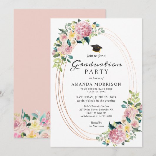 Pastel Bloemen Uitnodiging Afstudeerfeest (Voorkant / Achterkant)
