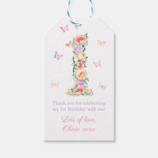 Pastel Bloemen Vlinder 1e Verjaardagsfeest Cadeaulabel (Voorkant)