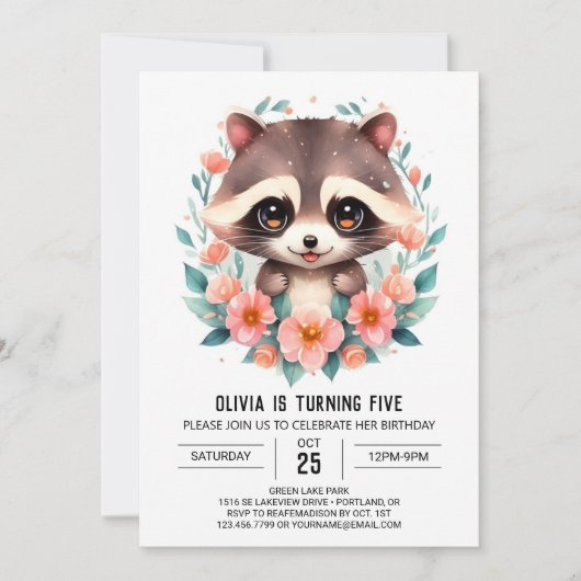 Pastel Bloemen Wasbeer Meisje Verjaardag Kaart (Voorkant)