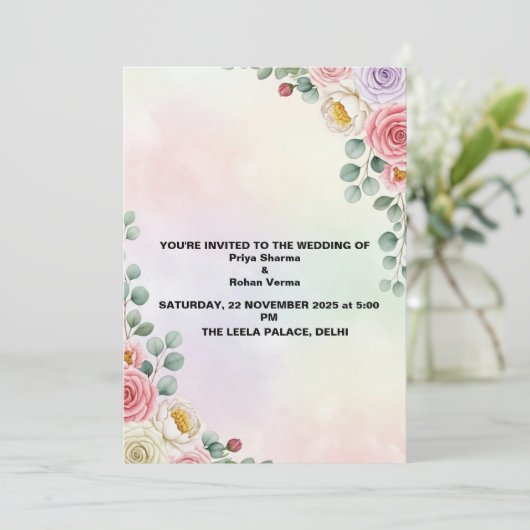 Pastel Bloemen Waterverf bruiloft Uitnodigen Kaart (Staand voorkant)