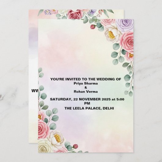 Pastel Bloemen Waterverf bruiloft Uitnodigen Kaart (Voorkant / Achterkant)