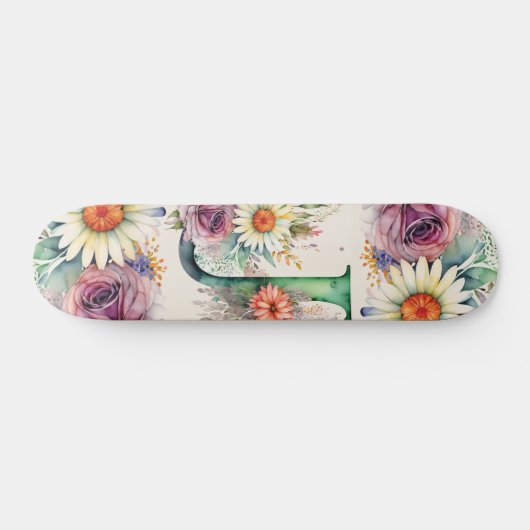 Pastel Bloemen Waterverf Monogram J Bloemen Daisy Persoonlijk Skateboard (Horizontaal)