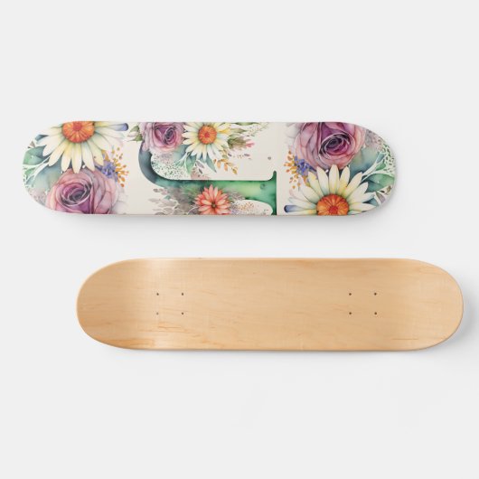 Pastel Bloemen Waterverf Monogram J Bloemen Daisy Persoonlijk Skateboard (Horizontaal)