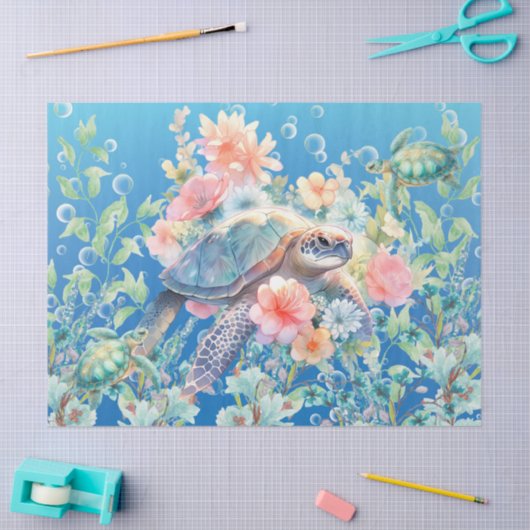 Pastel Bloemen Waterverf Zee Schildpadden Decoupag Tissuepapier (Craft)