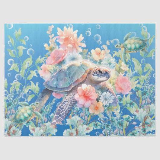 Pastel Bloemen Waterverf Zee Schildpadden Decoupag Tissuepapier (Voorkant)