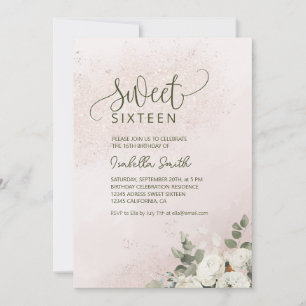 Pastel Bloemen Witte Roos Sweet 16 Verjaardag Kaart