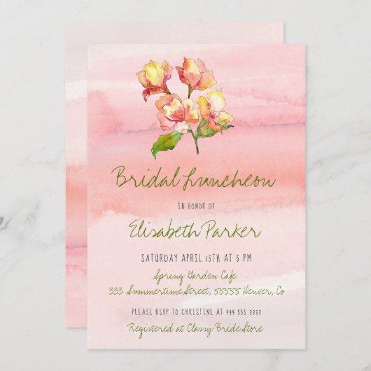 Pastel bloemenhand geschilderd chique bruids lunch kaart (Voorkant / Achterkant)