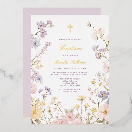 Pastel Bloemenkader Doop Folie Uitnodiging (Voorkant / Achterkant)