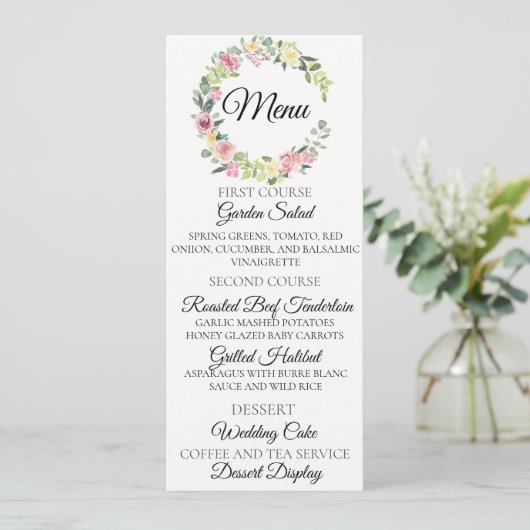 Pastel Bloemenkrans Bruiloft Menu Kaart (Staand voorkant)