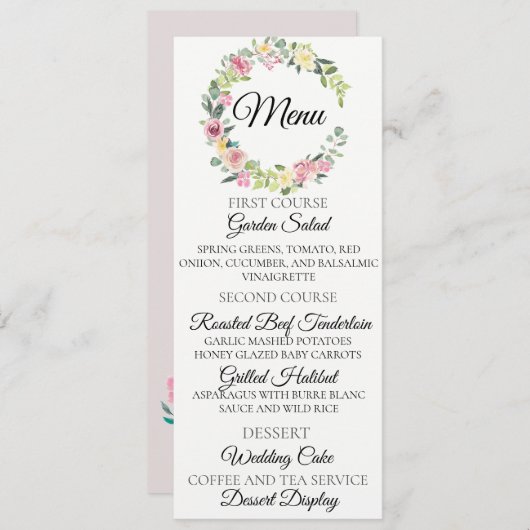 Pastel Bloemenkrans Bruiloft Menu Kaart (Voorkant / Achterkant)