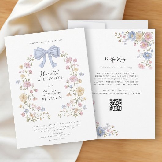 Pastel Bloemenkrans QR Code Trouwwebsite Kaart