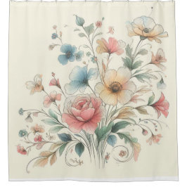 Pastel Bloemenkunst Waterkleuren Douchegordijn
