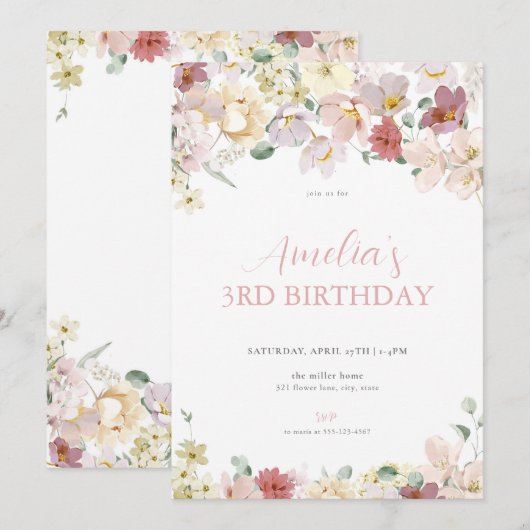 Pastel Bloemenmeisje Floral Verjaardagsuitnodiging Kaart (Voorkant / Achterkant)