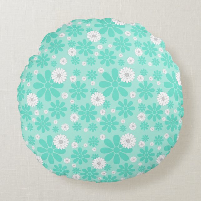 Pastel Bloemenpatroon MINT Rond Kussen (Voorkant)