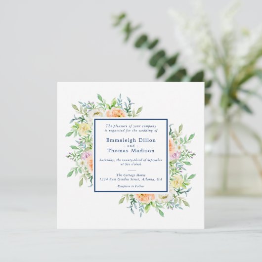 Pastel bloementuin Waterverf bruiloft Kaart (Staand voorkant)