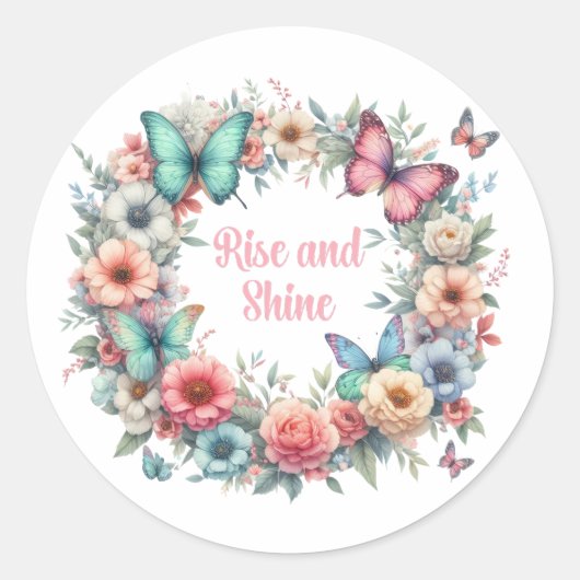Pastel bloemenvlinders stijgen en glanzen ronde sticker (Voorkant)