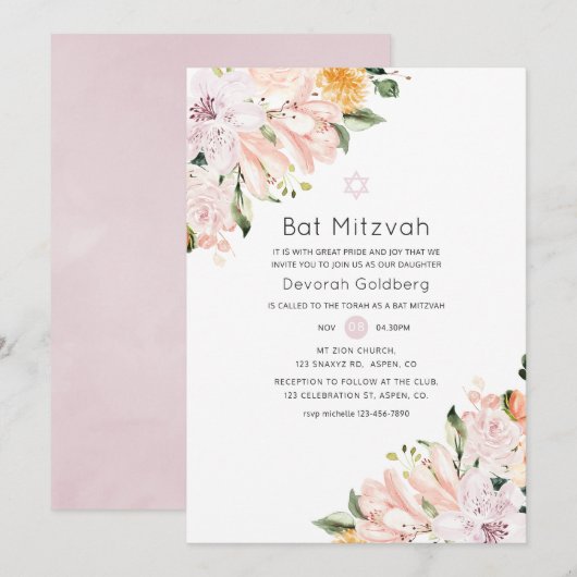 Pastel Bloemige Bat Mitzvah Kaart (Voorkant / Achterkant)
