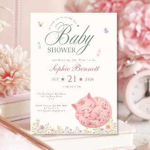 Pastel Bloemige Kat Baby Shower Uitnodiging voor M