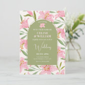 Pastel bloemige lelie roze groene bruiloft kaart (Staand voorkant)