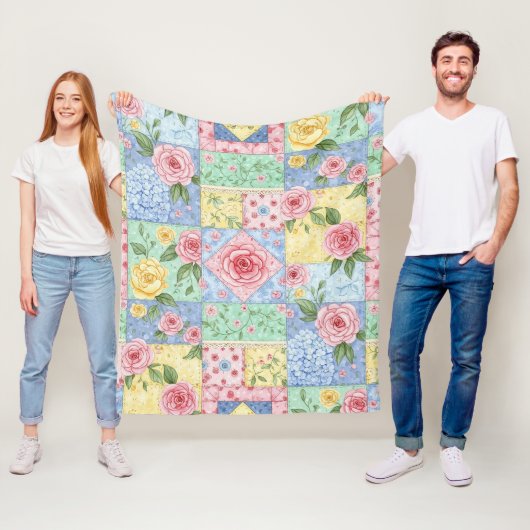 Pastel Bloemige Patchwork Picknick Patroon (10) Fleece Deken (In situ)