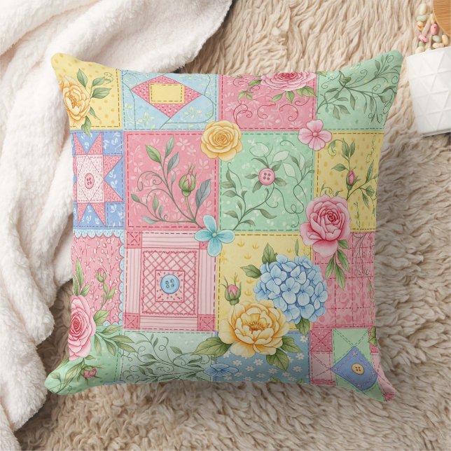Pastel Bloemige Patchwork Picknick Patroon (10) Kussen (Deken)