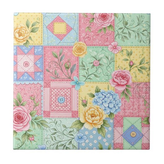 Pastel Bloemige Patchwork Picknick Patroon (10) Tegeltje (Voorkant)
