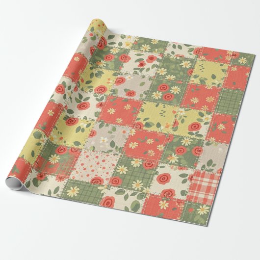 Pastel Bloemige Patchwork Picknick Patroon (11) Cadeaupapier (Uitgerold)